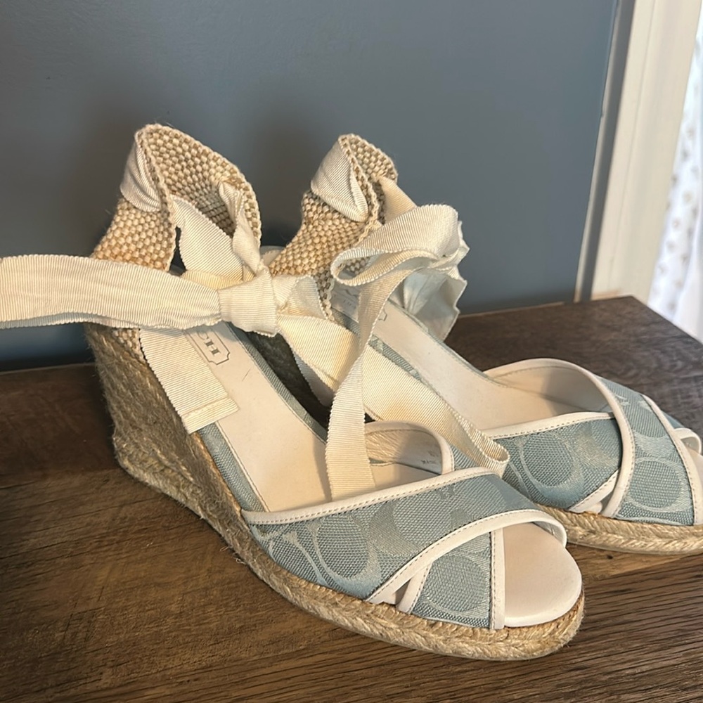Coach Mila Blue & White Gladiator Lace Up Wedge Espadrille Sandals Size 8B